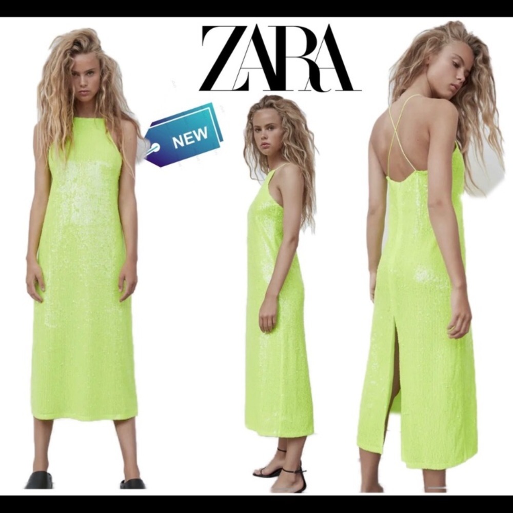 Zara Sequined Lime Green Back Slit Criss Cross Straps Midi Dress sz.XS